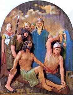 XI Estación Jesús es clavado en la cruz G: Ahora crucifican al Señor, y junto a Él a dos ladrones, uno a la derecha y otro a la izquierda.