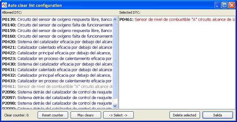 El botón "Lista de anulación automática" permite configurar y activar la anulación automática de los errores OBD2/EOBD. La ventana de configuración está dividida en dos paneles.