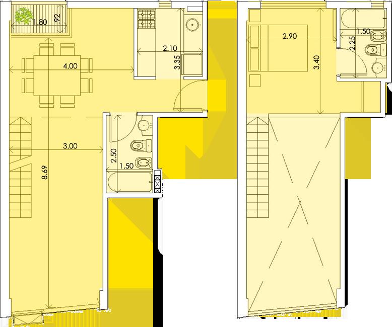 Piso 12 - Unidad 1 Duplex 2 ambientes Superficie: 65.