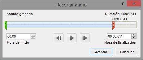 La opción Recortar audio abre una pequeña ventana que muestra la onda de sonido en una barra.