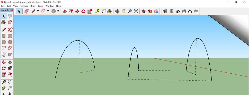 Con la herramienta Arco, indicar dos puntos y radio. Dibujar los dos puntos con un largo de 10 metros y un radio de 3.
