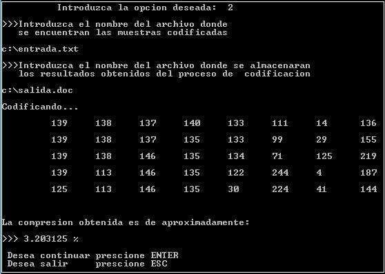 4.5 Resultados obtenidos En el siguiente apartado se presentan capturas de pantalla del sistema, mostrando las secuencias codificadas y decodificadas, así como también la tasa de compresión alcanzada.