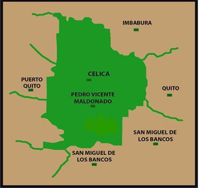 Gráfico 14: Mapa del cantón Pedro Vicente Maldonado Fuente: Municipio de Pedro Vicente Maldonado Elaboración: Lucy Velasco Celica se encuentra atravesada por el río Pitzará y el río Silanchi que