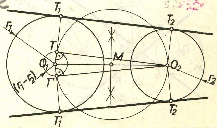3.4. Trazado de dos rectas tangentes exteriores a dos circunferencias de radios diferentes - Se unen los centros O1 y O2 de las circunferencias y se determina el punto medio del segmento O1O2, M.