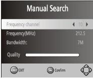 1. Seleccione [Búsqueda manual] luego presione ACEPTAR o flecha DERECHA. La pantalla de búsqueda manual aparecerá en pantalla. 2. Presione IZQUIERDA/DERECHA para seleccionar la frecuencia del canal.