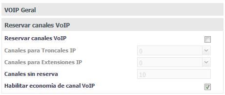 Reserva canales VoIP Posibilita la configuración de los parámetros relacionados a distribución de los canales VoIP en relación a las extensiones/ internos y troncales.