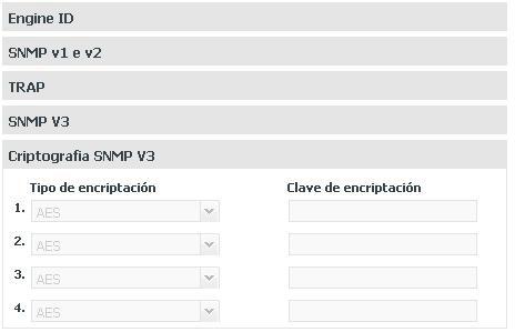 Encriptación SNMP V3 En este sub-menú el SNMP V3 dispone el servicio de seguridad de los mensajes a través de la selección de un algoritmo criptográfico.