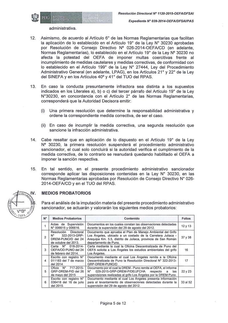 Resolución Directora/ Nº 1120-2015-0EFAIDFSAI Expediente Nº 039-2014-0EFA/DFSAIIPAS administrativa. 12.