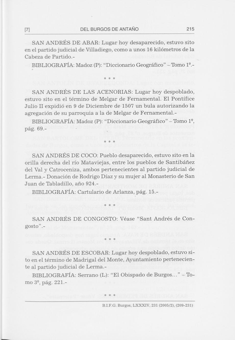 [7 ] DEL BURGOS DE ANTAÑO 215 SAN ANDRÉS DE ABAR: Lugar hoy desaparecido, estuvo sito en el partido judicial de Villadiego, como a unos 16 kilómetros de la Cabeza de Partido.