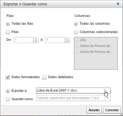 ventana aparece seleccionada la opción para exportar a un libro de Excel; sin