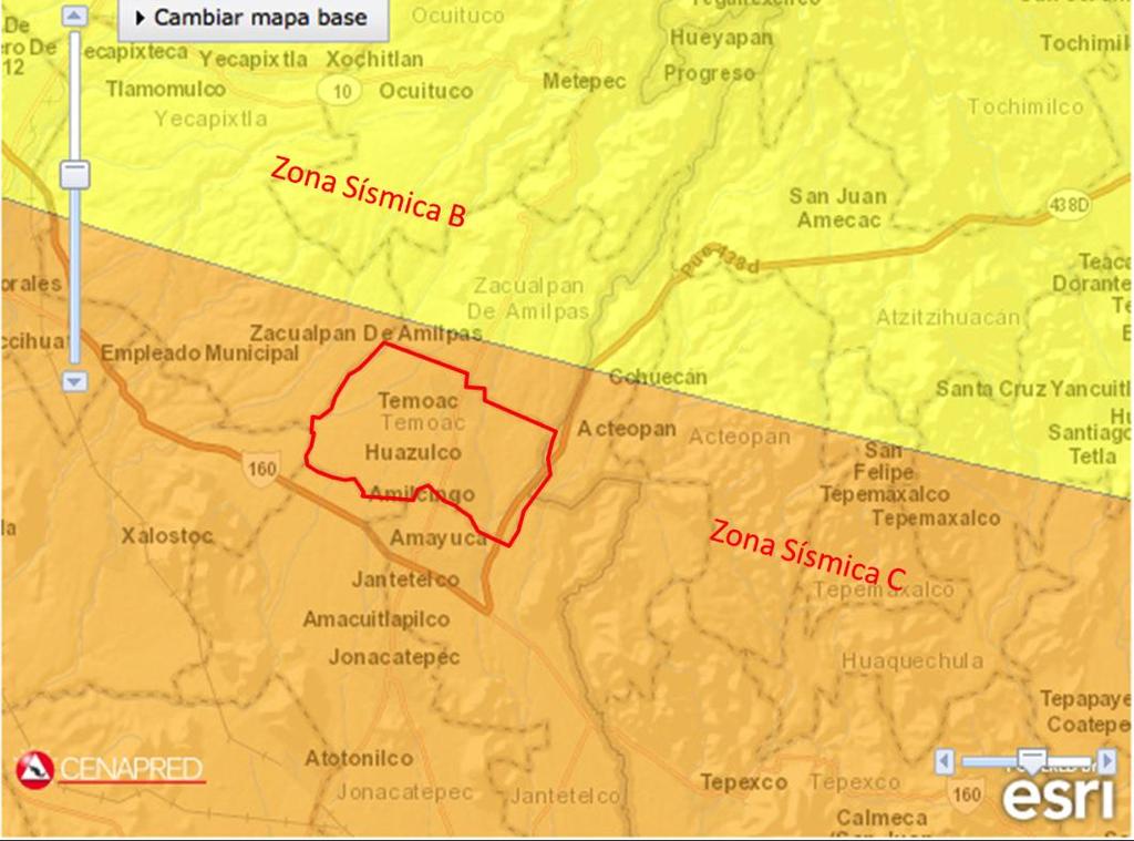 Imagen 5.4. Zonas sísmicas con influencia en Temoac Fuente: Atlas Nacional de Riesgo, Cenapred, http://www.atlasnacionalderiesgos.gob.