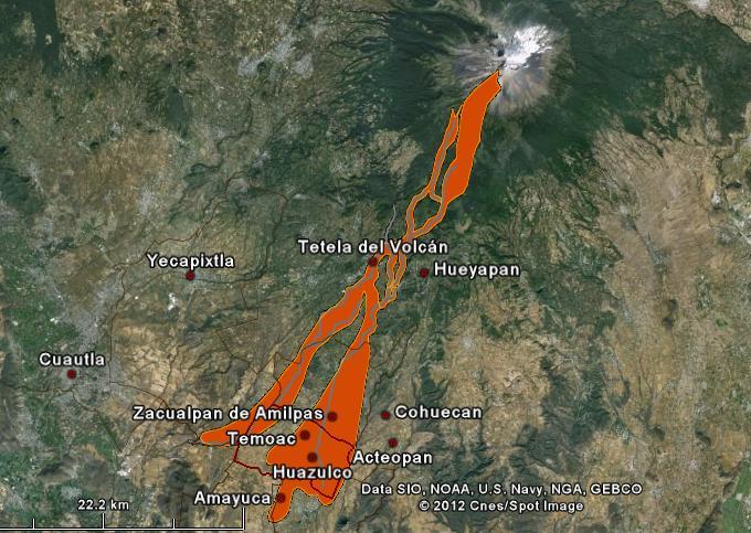 Imagen 5.9. Riesgos por flujos volcánicos del Popocatépetl Fuente: Modificado del Mapa de Peligros del Volcán Popocatépetl, Cenapred, junio, 1995. Imagen base Google Earth 2012.