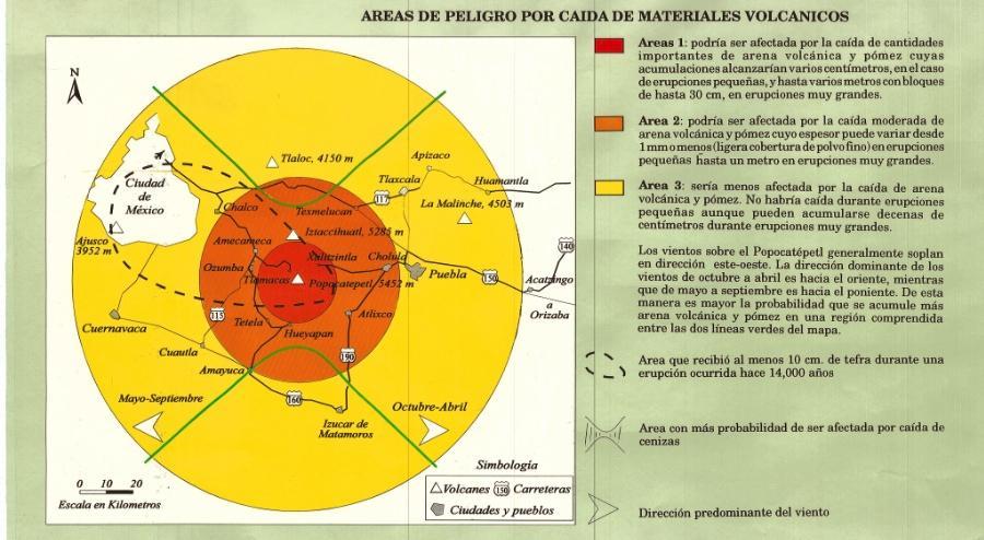 Imagen 5.11. Peligros por caída de materiales volcánicos Fuente: Mapa de Peligros del Volcán Popocatépetl, Cenapred, junio, 1995.