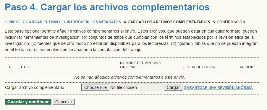 3.4. Cuarto paso del envío: cargar archivos complementarios Este paso es obligatorio.