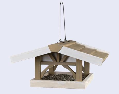 Comedero Pájaros natura madera de pino barnizada con un gran techo sobresaliendo con gran superficie para