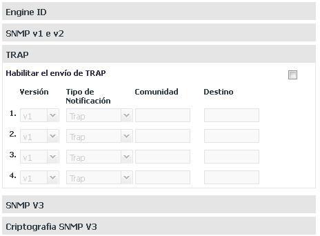 Menú Red/ Submenú SNMP/TRAP Habilitar el envío de TRAP: habilita el envío de traps del sistema para el administrador SNMP. Versión: se define la versión de SNMP que los traps utilizarán: V1 o V2c.