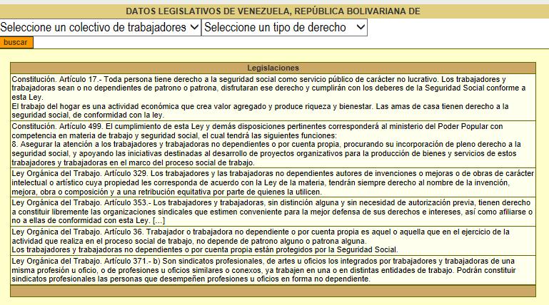 Venezuela : Como vemos en la pantalla anterior, podemos seleccionar desde el enlace la lista de todos los datos legislativos, pero desde la caja podemos seleccionar un tipo de derecho y veremos