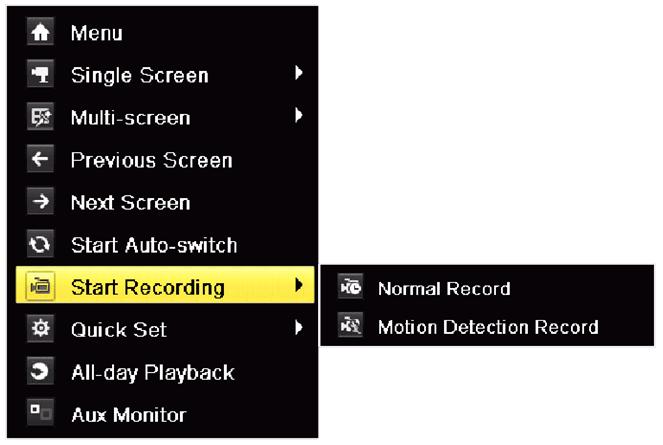 2. Haga clic en el submenústart Recording (Empezar grabación) y seleccione el modo de grabación en Normal Record (Grabación normal) o Motion Detection Record (Grabación con detección de