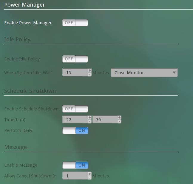 Configurar Power Manager Permitir Power Manager A. Haga clic en el botón de activación de "Enable Power Manager" para activar esta función. B.