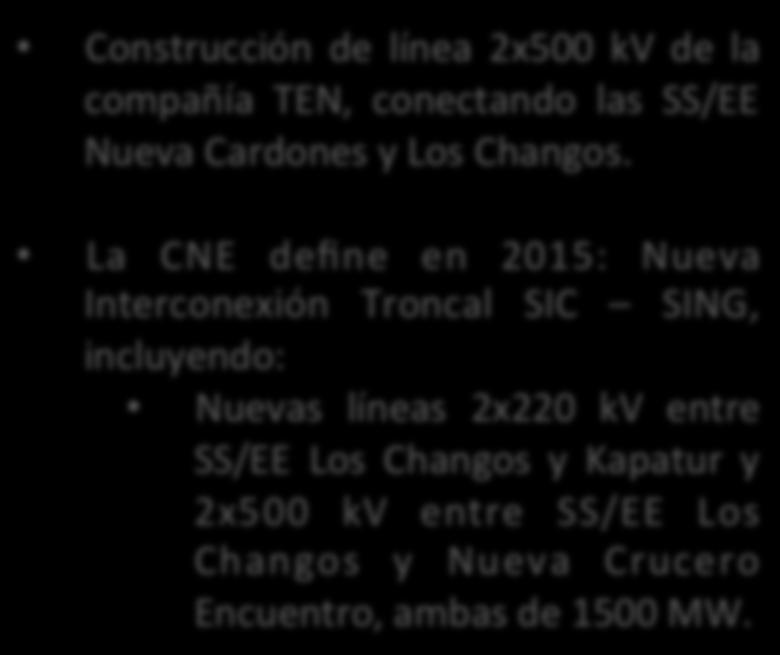 La CNE define en 2015: Nueva Interconexión Troncal SIC SING, incluyendo: Nuevas líneas 2x220 kv entre