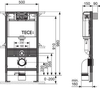TECE - módulos de WC Módulo de WC TECEprofil con cisterna TECE, accionamiento frontal o superior, altura de construcción 980 mm ladrillo. Para grifería de WC y placas de accionamiento TECE.