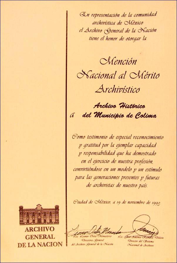 Mención Nacional al Mérito Archivístico 1993 La propuesta resultó interesante para otros