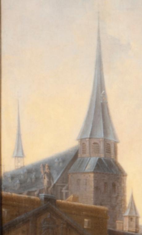 La torre que aparece junto a la Werfpoort corresponde a la Iglesia de San Walpurgis, también reconstruida y modificada en numerosas ocasiones, la última tuvo lugar en el año 1500.