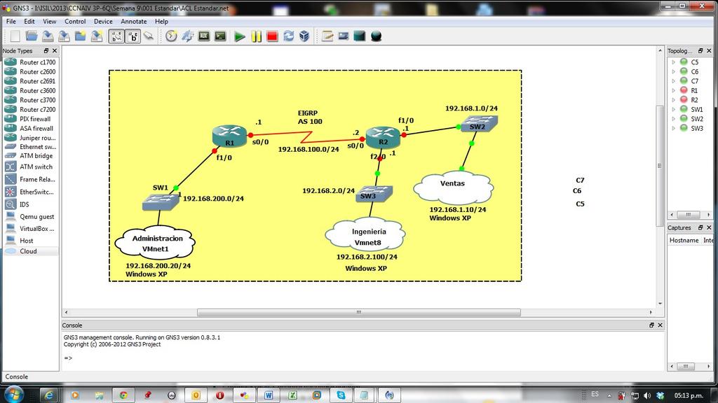Configuración y verificación de las ACL estándar Objetivos Implementar la topología en GNS3 utilizando maquinas virtuales Configurar las ACL estándar para limitar el tráfico.