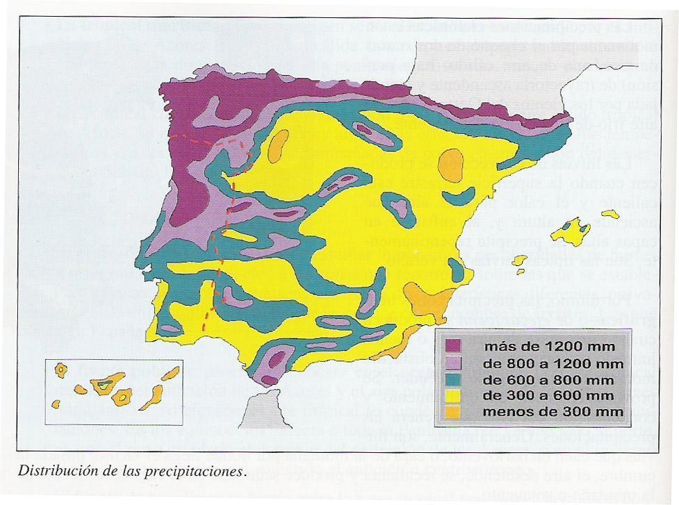 Los vientos húmedos La topografía La pluviometría española muestra valores muy desiguales y es, en general, baja.