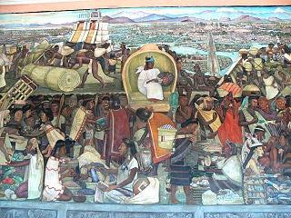 Muralismo Diego muestra la vida de los aztecas en el mercado de Tlatelolco.