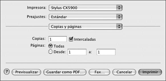 4. Haga clic en OK para cerrar la ventana Ajustar página. 5. Seleccione Imprimir en el menú Archivo. Aparecerá una ventana como esta: Seleccione Stylus CX5900. Seleccione Ajustes impresión. 6.