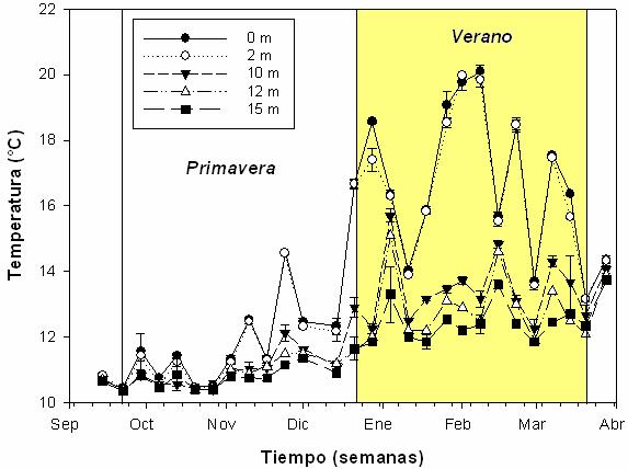 Figura 2. Dinámica estacional (primavera - verano) y vertical (capa fótica) de la temperatura (ºC, promedio ± 1 D.E.). Bahía Ilque, Puerto Montt.