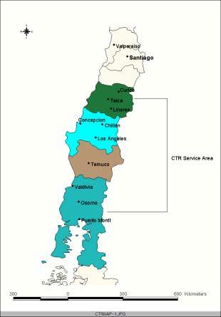 CTR Infraestructura Rural Zona Cobertura: Curico > Osorno (VI Región) > (X Región) Localidades Pueblos, Aldeas Terminales Instalados : 1.043 Nº Suscriptores : 17.