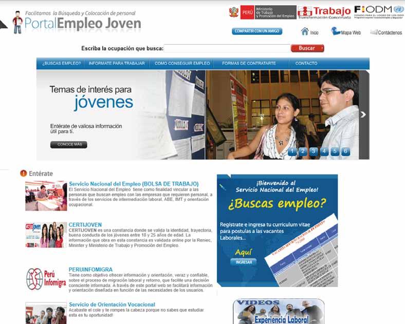 3.2 Resultado 2 Fortalecimiento del servicio público de empleo para jóvenes a) Portal Empleo Joven http://www.empleosperu.gob.pe/empleojoven/index.