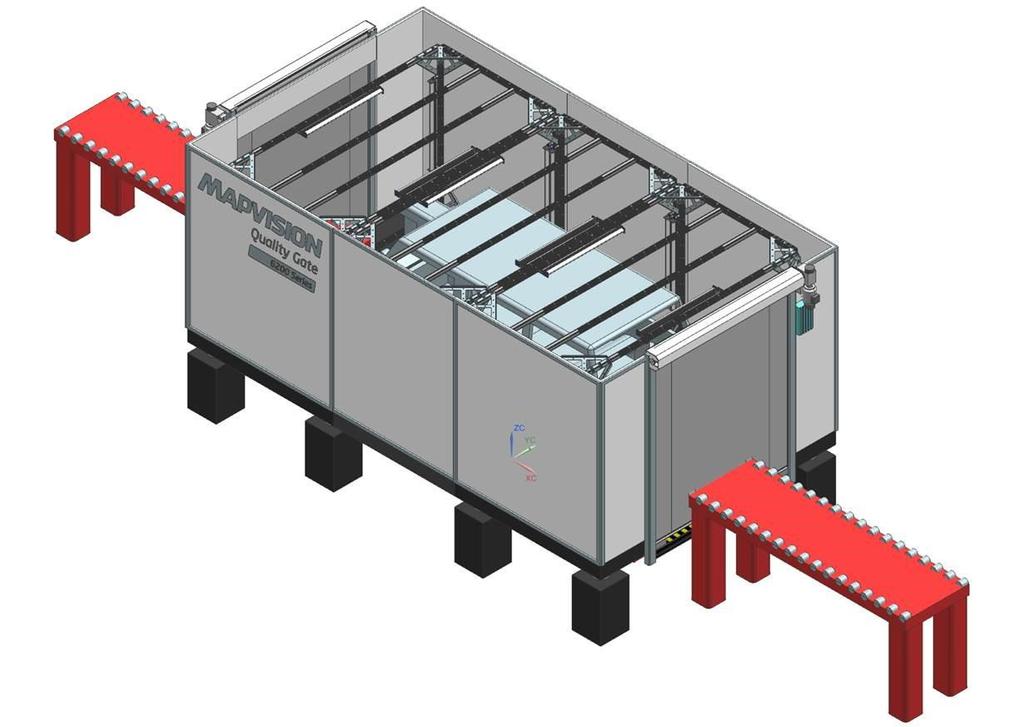 La imagen muestra una de las configuraciones posibles de un sistema de la serie 6200 instalado sobre la cinta transportadora (en rojo) de una línea de producción.