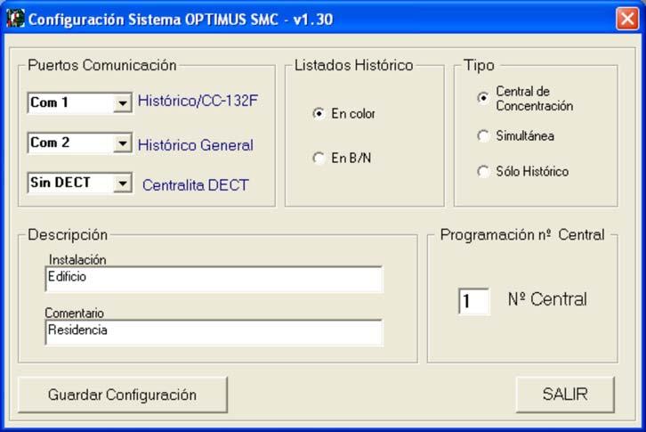 En los sistemas CC-132F, únicamente hay que configurar el número de central. 3.1.1. Descripción de la pantalla Haga doble clic en el archivo configurar.exe creado en la carpeta de instalación.