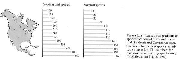 Riqueza de Especies con Latitud Relación Número de Especies - Área Arrhenius (1921) establece una relación empírica entre el área y el número de especies: S = ca z, donde S= número de