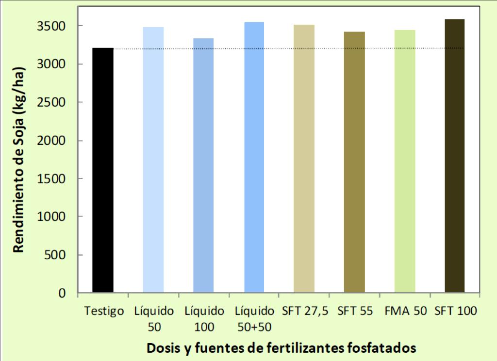 El rendimiento promedio de parcelas cosechadas en el lote de producción (aledañas al ensayo), el cual recibió fertilizante fosfatado líquido, fue de 3527 kg/ha.