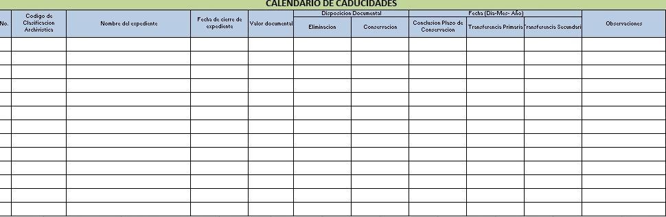 4.- Calendario de Caducidades No.- Indicar el número consecutivo de expedientes. Código de Clasificación Archivística.