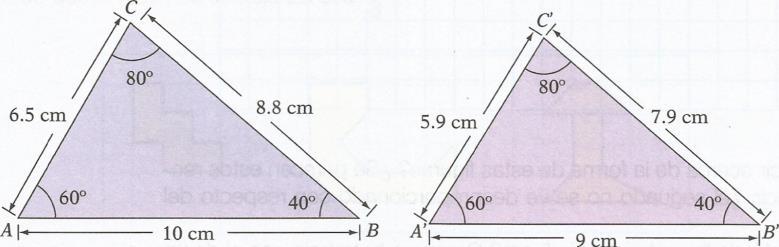 e) Supongan que dos de los triángulos semejantes construidos por los compañeros de Leticia fueron los siguientes: Hay alguna relación entre las medidas de los lados