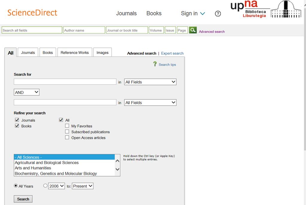 Uso de la plataforma Esta es la pantalla de la plataforma desde donde podemos acceder a la búsqueda de los libros que tiene suscritos la Biblioteca de la UPNA de ScienceDirect.