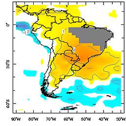 exceso hídrico importante en el centro del este de la Argentina y también en el Uruguay (en marzo y abrir), con valores