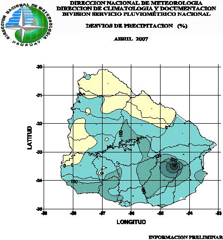 Mapa de anomalías de lluvias, Abril 2007, porcentaje.