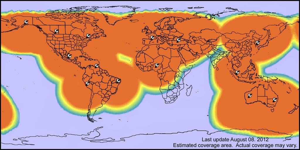 Area de cobertura de SPOT SPOT TRACE funciona en todo el mundo, incluyendo casi todo Norte América, Europa y Australia; parte de Sudamérica, Norte de África y Asia; Así