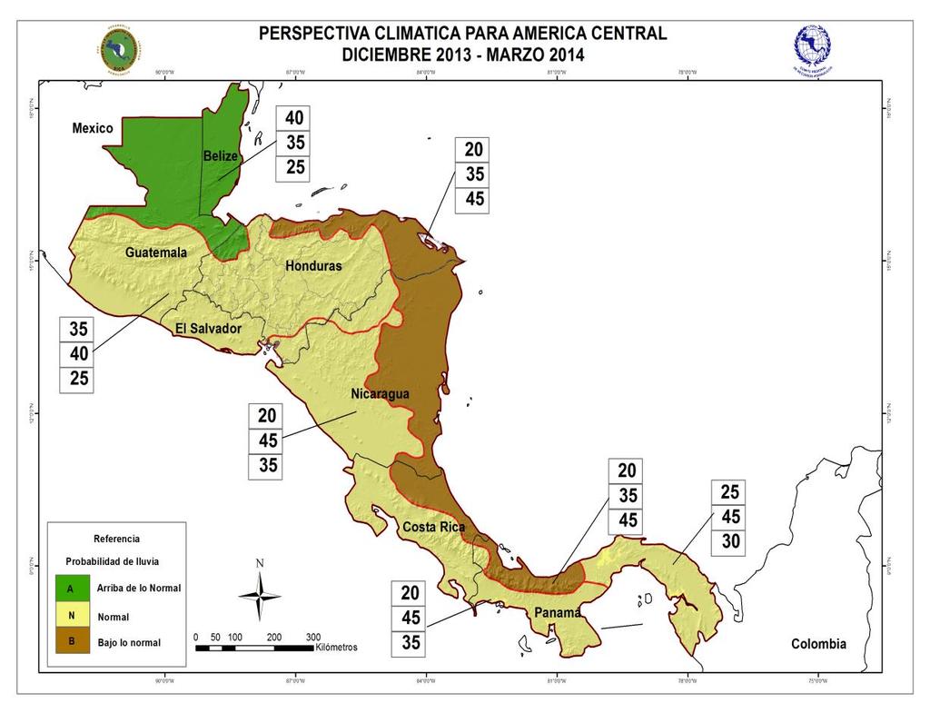 Zona Verde Mayor probabilidad de que la lluvia acumulada en el período diciembre 2013-marzo 2014 (D13EFM14) se ubique en el rango Arriba de lo Normal (AN) Zona Amarilla Mayor probabilidad de que la