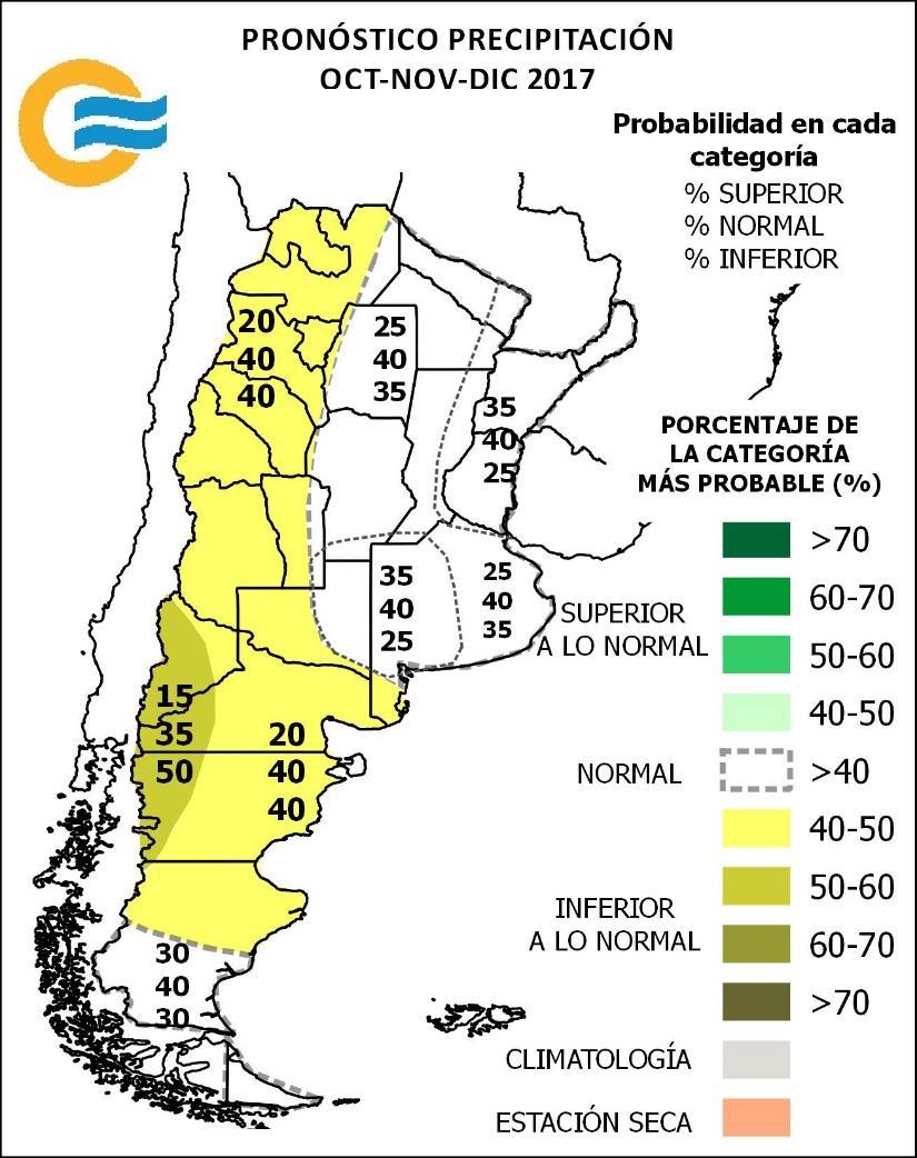 PRONÓSTICO TRIMESTRAL -Precipitación octubre-noviembre-diciembre 2017 Se prevé mayor probabilidad de ocurrencia de precipitación: Referencias - Inferior a la normal sobre el noroeste de Patagonia -