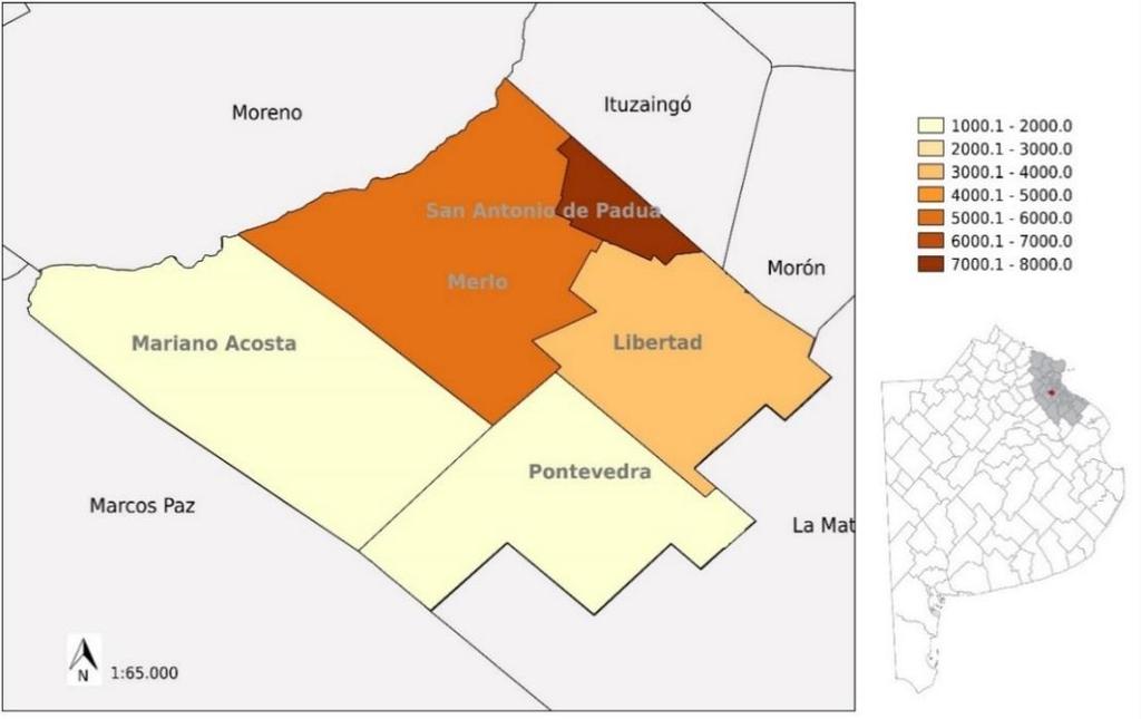 Mapa 4: Densidad de población por localidad. Municipio de Merlo. Año 2010.