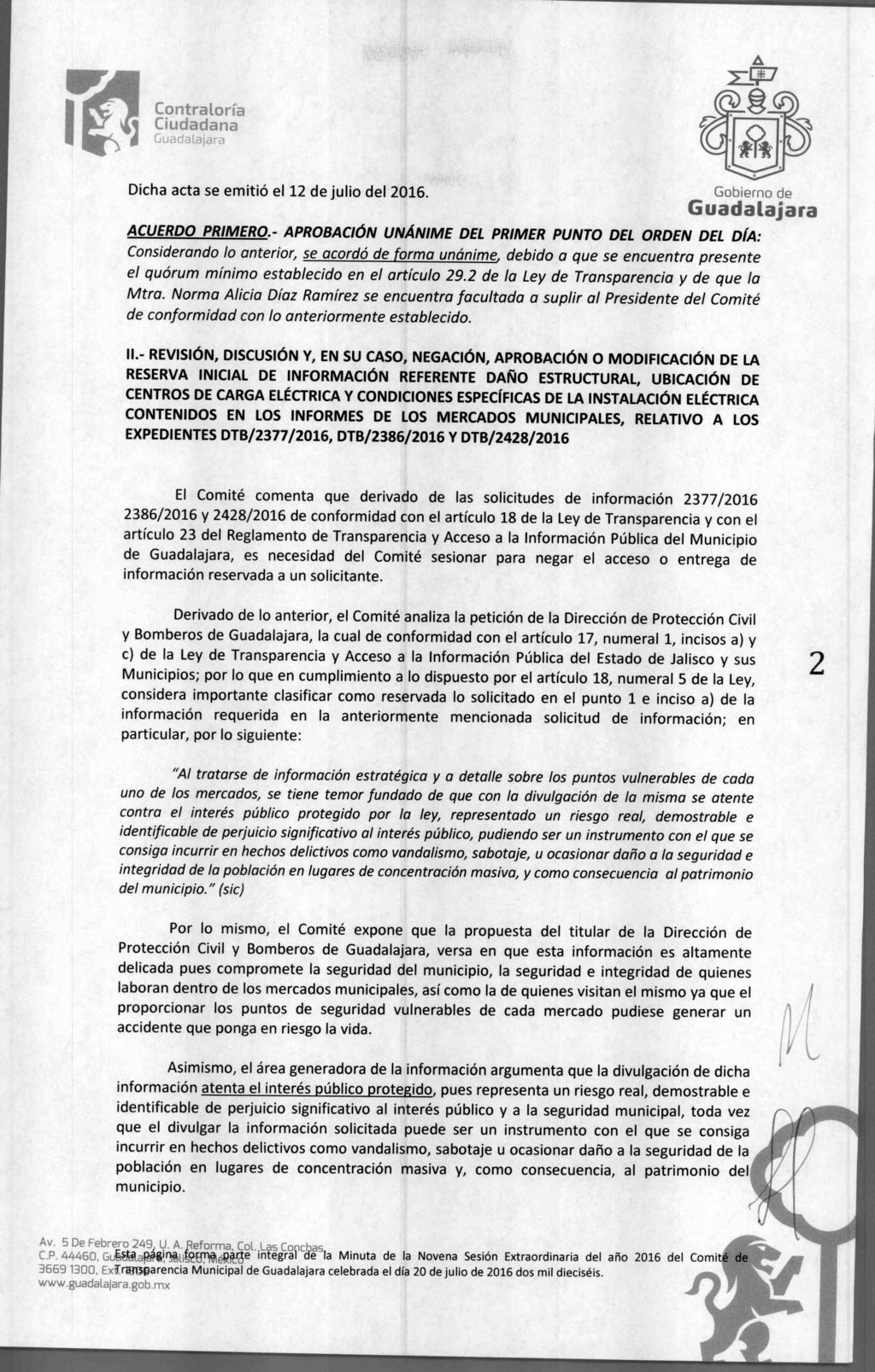 Wel Contraloría Dicha acta se emitió el 12 de julio del 2016. Gobierno de ACUERDO PRIMERO.
