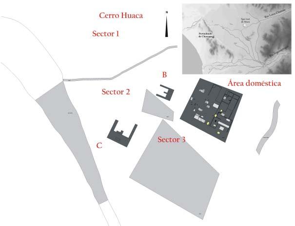 Castillo et al., Ideología y Poder en el Jequetepeque 40 Figura 27. Plano esquemático del sitio arqueológico de Portachuelo de Charcape con indicación de los principales sectores registrados.