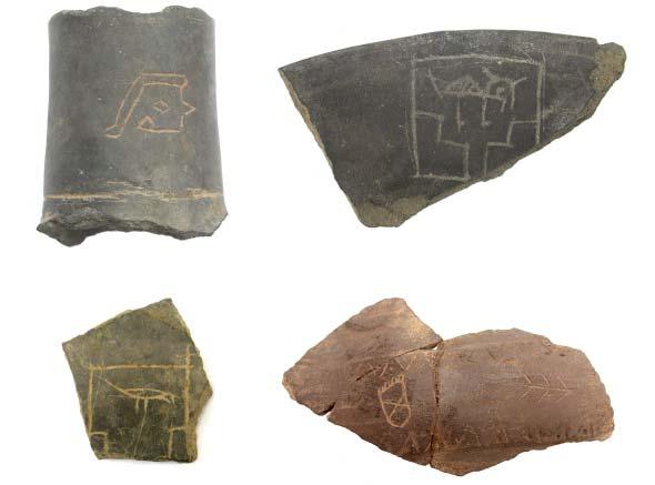 Castillo et al., Ideología y Poder en el Jequetepeque 54 Figura 42. Fragmentos de cerámica con marcas post-cocción asociados al periodo Transicional y excavados en SJM.